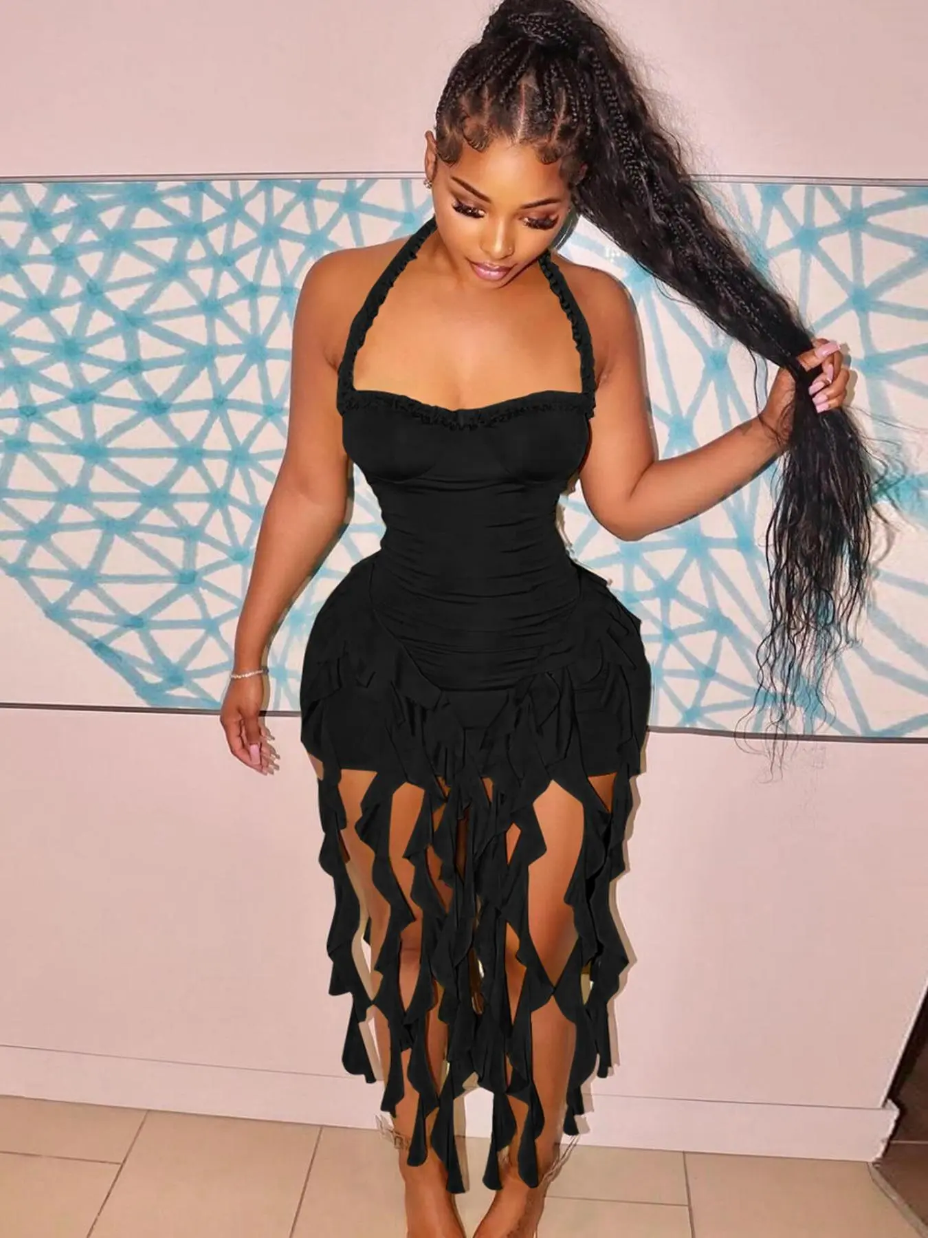 Women's Plain Ribbon Halter Neck Ruffle Hem Bodycon Dress, Sexy Y2K Octopus Dress, Chic Backless Sleeveless Mini Dresses for Party Club Dating Wear