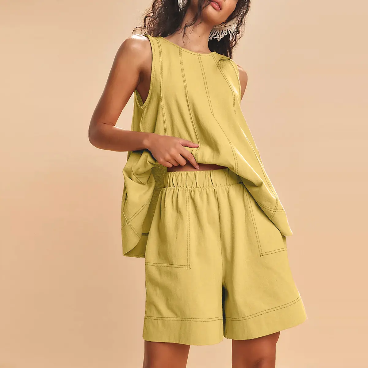 Cotton Two Piece Outfit - A-Line Tank & High-Waist Shorts