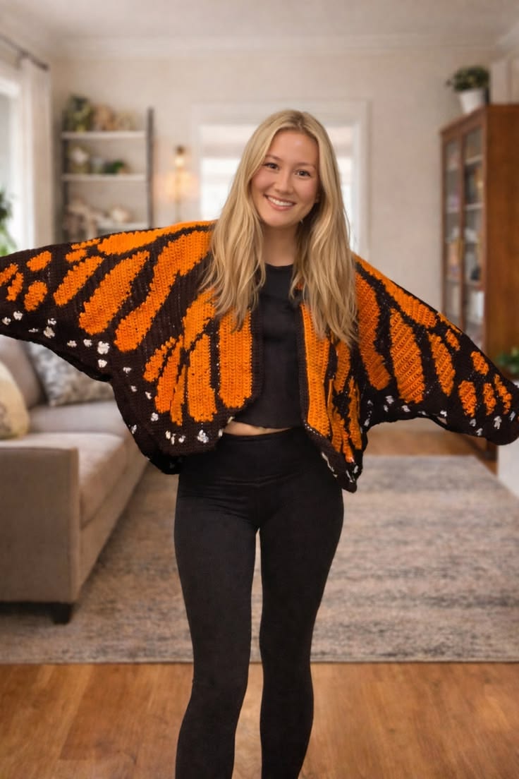 Womens Monarch Butterfly Crochet Cardigan Open Front Butterflies Wing Knit Cardigan Crochet Butterfly Coverups Button Sweater