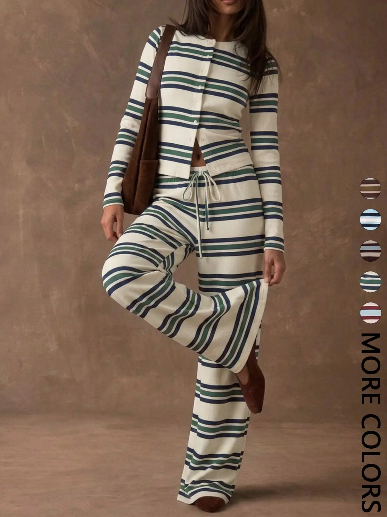 Women's Striped Knit Two-Piece Set, Crew Neck Long Sleeve Button Front Crop Top, Elastic Waist Drawstring Wide Leg Pants, Daily Casual Loungewear Vacation Wear, Soft Stretchy Breathable, Stretchy Outfit Sets