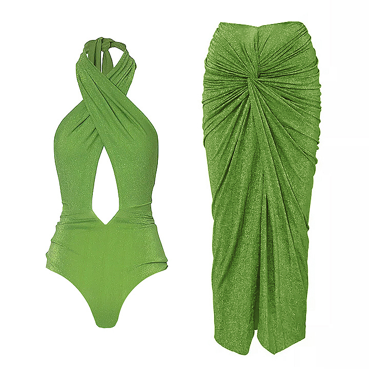 Shiny Texture Pleated Design One Piece Halter Swimsuit and Skirt