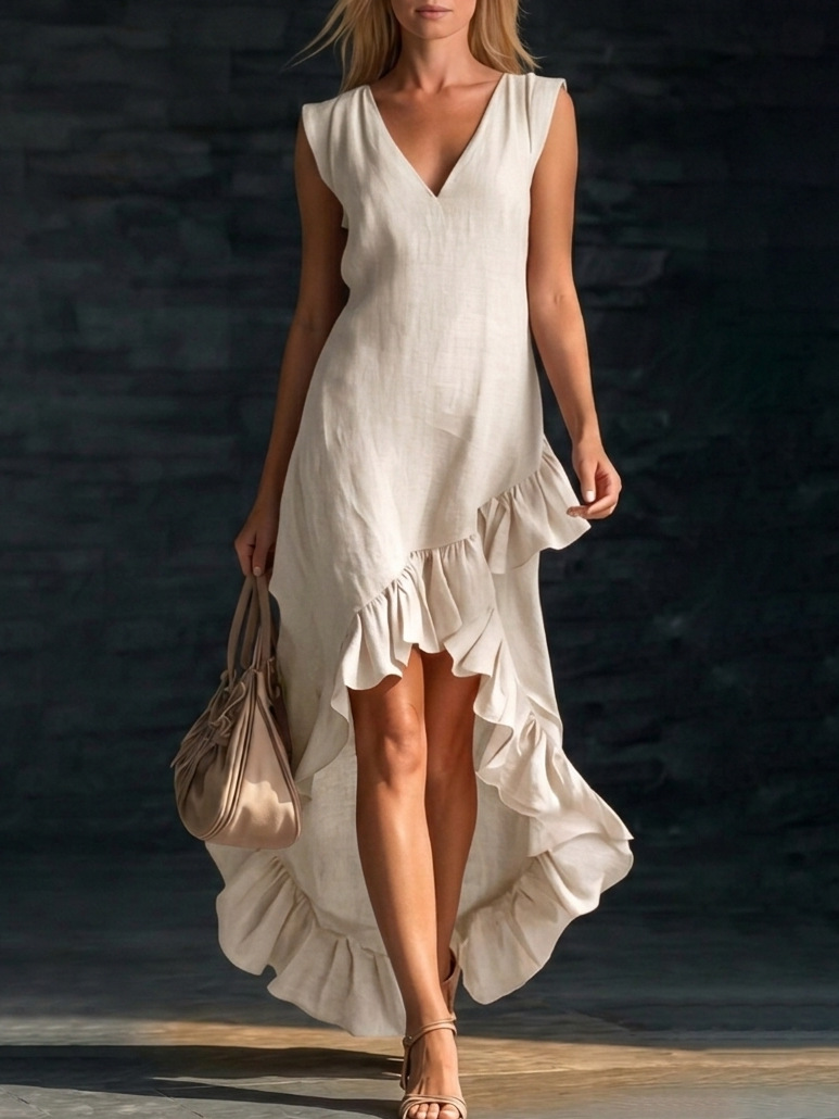 2026 European And American Cross-Border Amazon New Fashion And Romantic Sleeveless V-Neck Ruffled Hem Cotton And Linen Long Dress