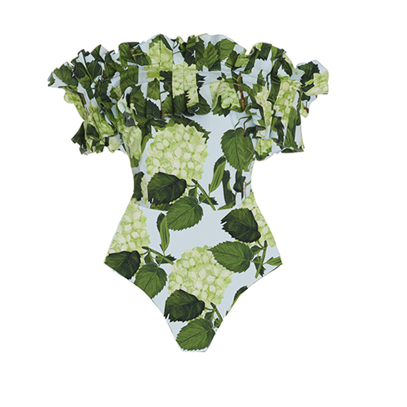 Off Shoulder Hydrangea Print Ruffle One Piece Swimsuit and Skirt Flaxmaker
