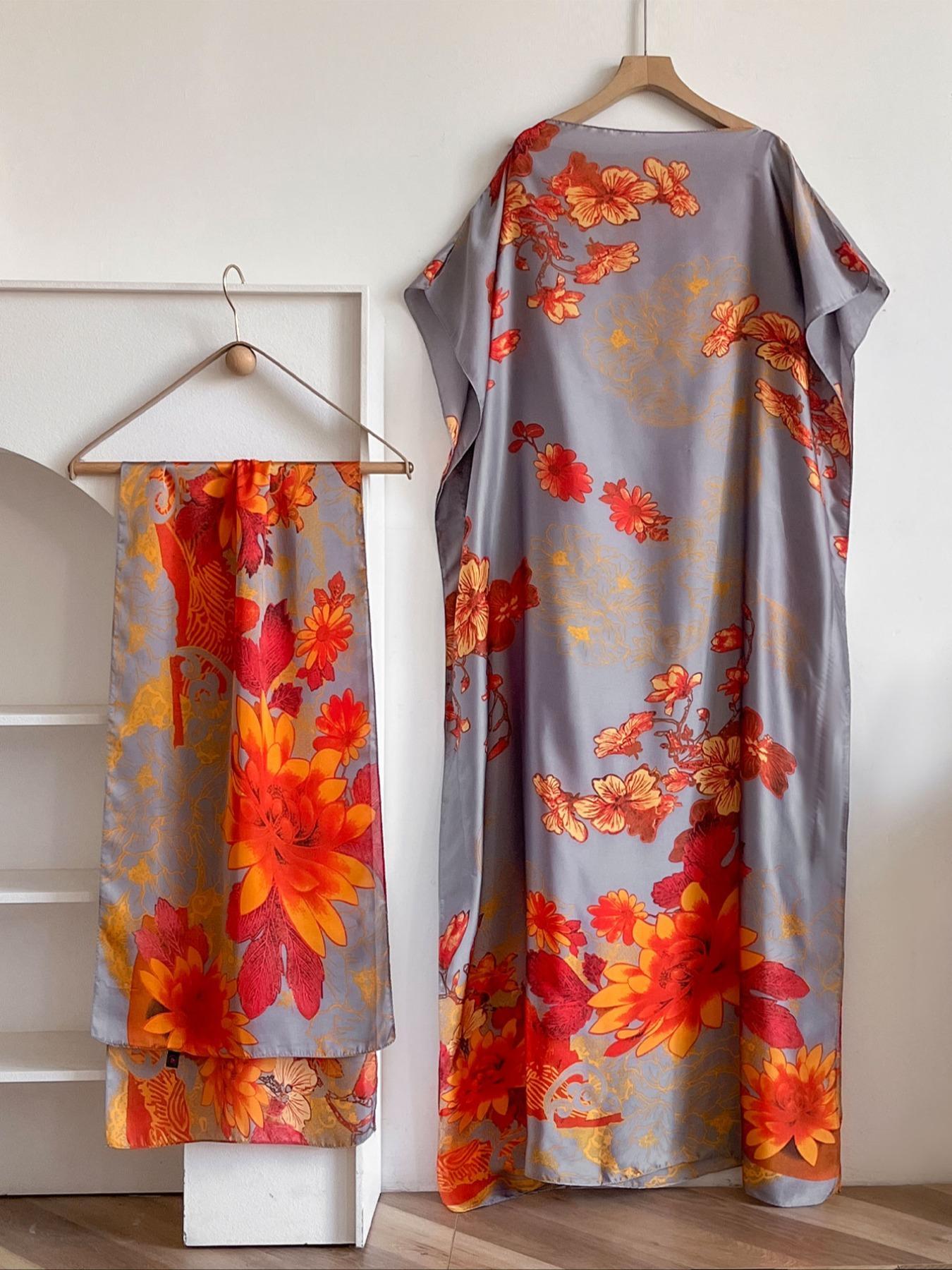 Women's Floral Print Lightweight Long Dress & Scarf Piece Set Outfit, Boho Casual Wear Shawl Dress & Scarf Set for Beach Vacation Holiday, Ladies Clothes for All Seasons