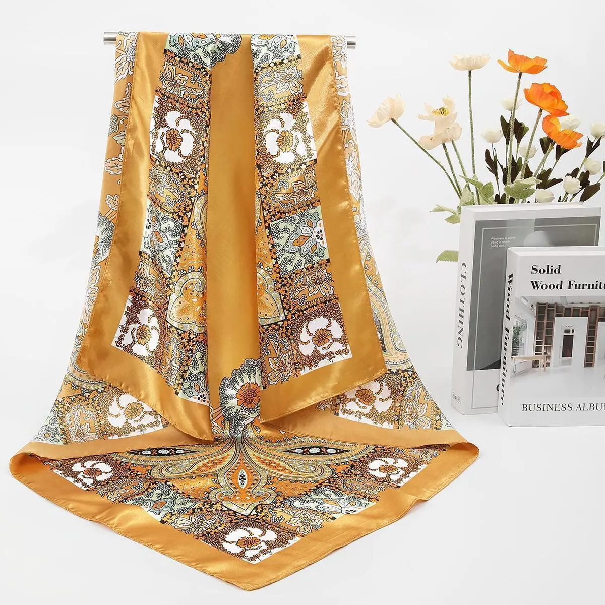 4 Pack Shawl Scarf Set for Women, 35" Large Square Silk-Like Satin Head Wrap, Allover Print Fashion Neck Shawl Accessories for Women, Floral Print Scarf, Decorative Scarf