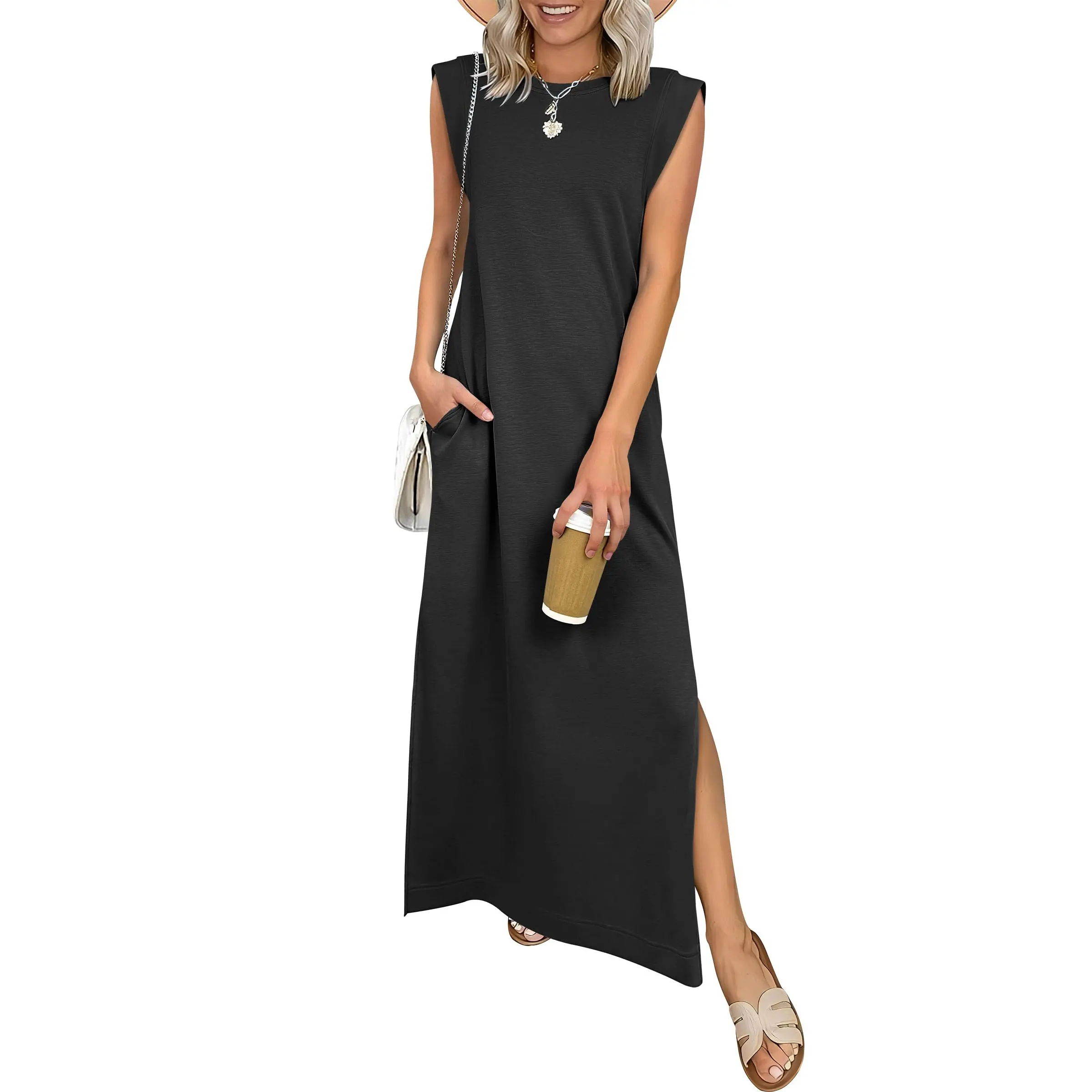 Summer Casual Sleeveless Maxi Dress 2026 Crewneck Loose Split Wrinkle-Free Beach Travel Vacation Long Sundress