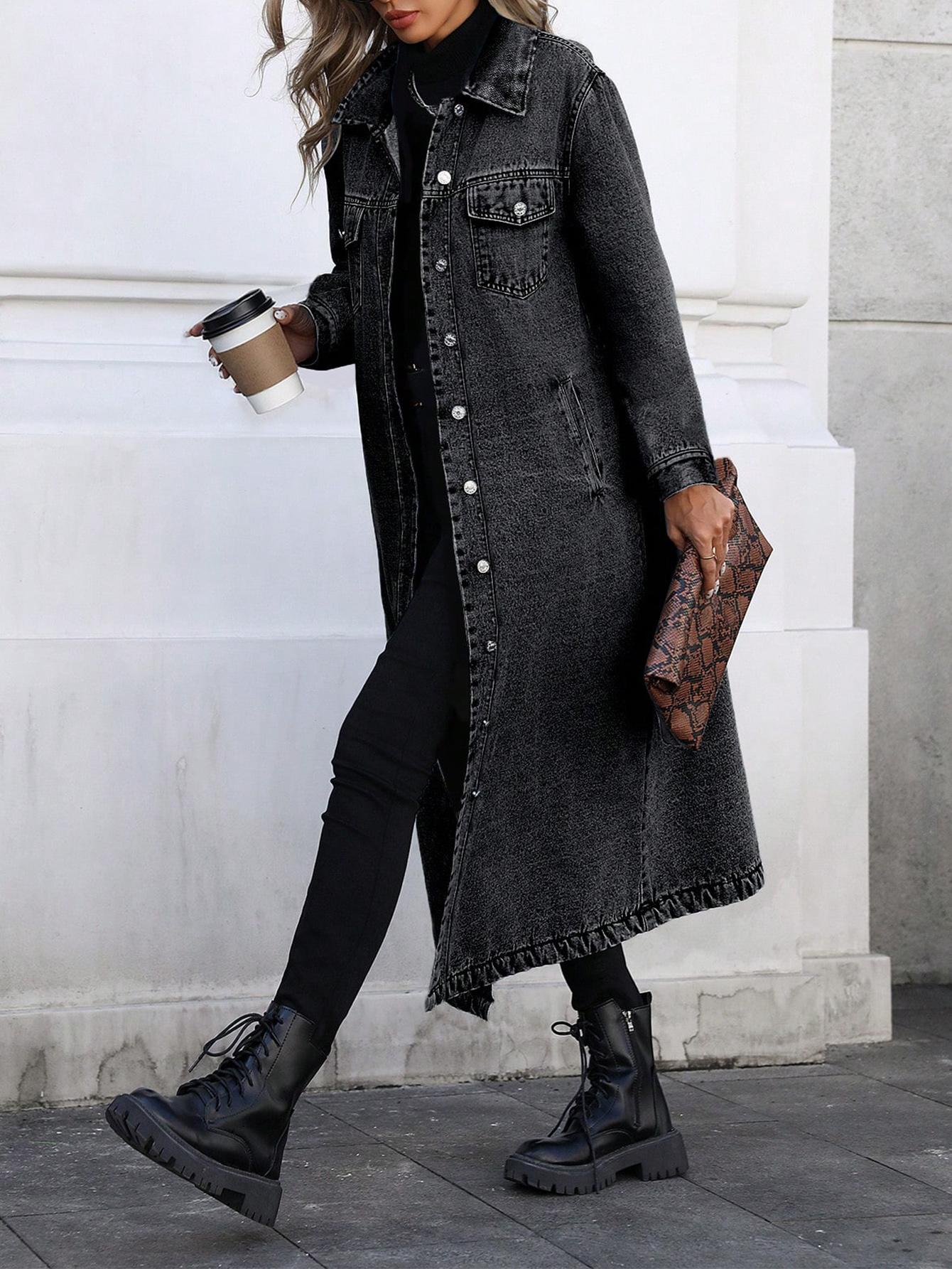 Women's Button Front Denim Coat, Elegant Casual Long Sleeve Denim Jacket for Spring & Fall, Women's Clothing for Daily Wear Women's Button Front Denim Coat, Elegant Casual Long Sleeve Denim Jacket for Spring & Fall, Women's Clothing for Daily Wear
