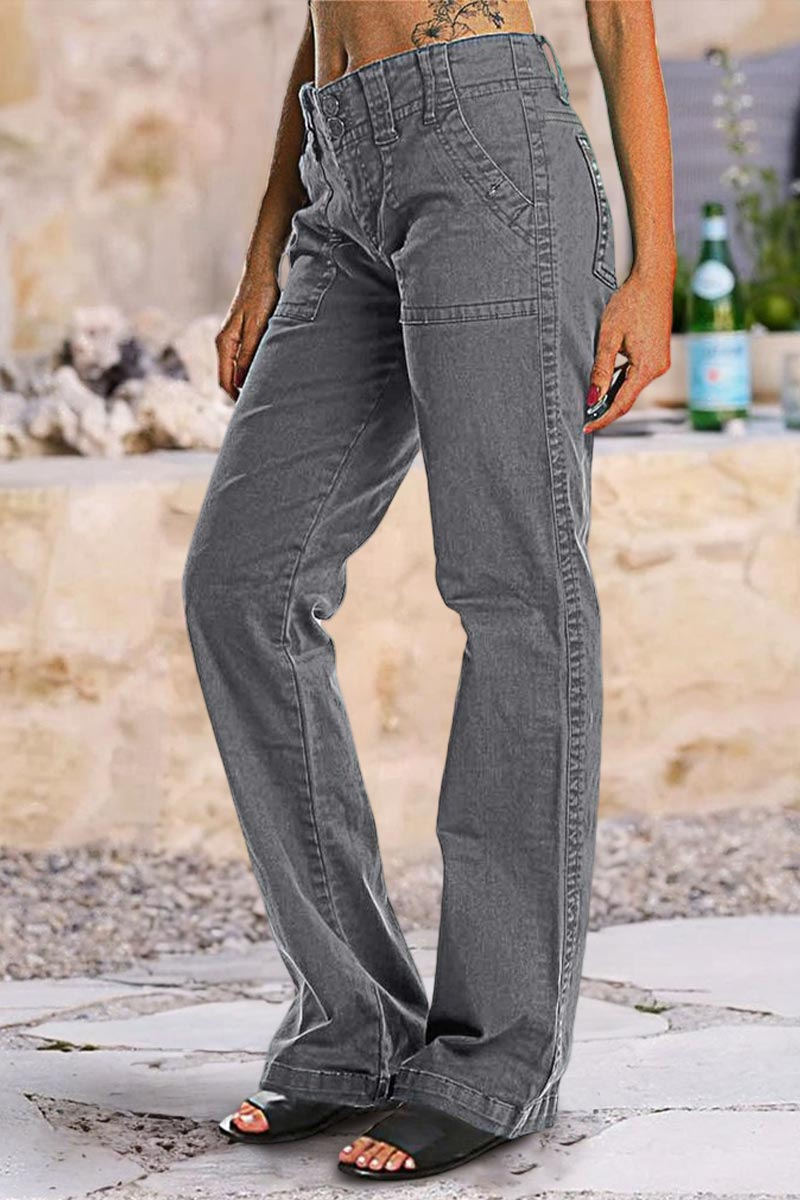 Double Button Mid Waist Straight Leg Pants