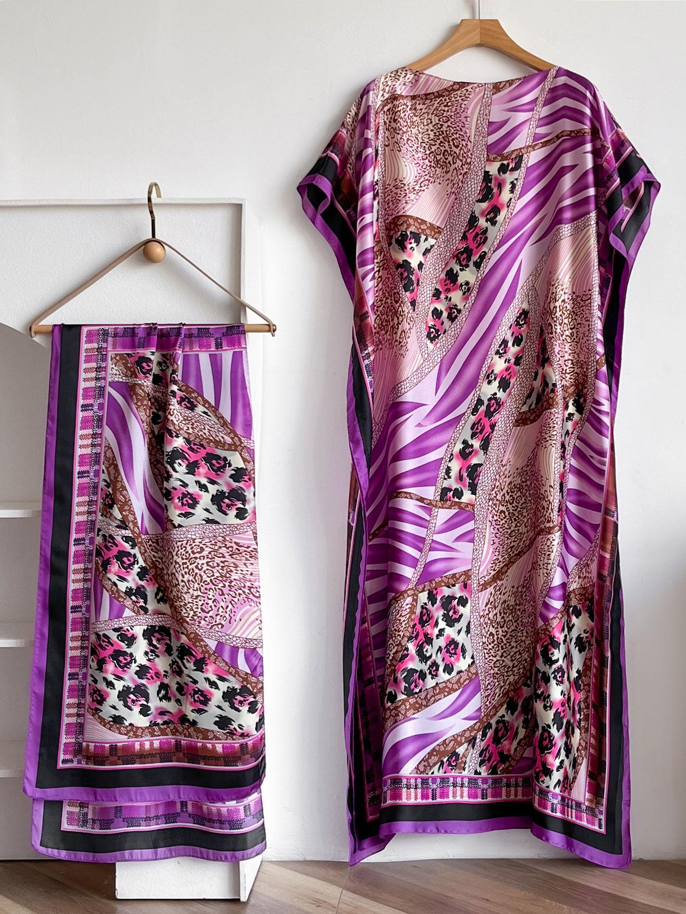 Women's Floral Print Lightweight Long Dress & Scarf Piece Set Outfit, Boho Casual Wear Shawl Dress & Scarf Set for Beach Vacation Holiday, Ladies Clothes for All Seasons