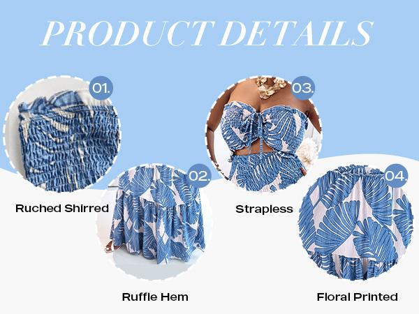 CHICME Women's Tropical Floral Print Smocked Maxi Dress Ruched Bandeau Cutout Summer Vacation Dress Elegant Shirred Ruffle Hem Mermaid Beach Dress/Summer Dress/Seaside Vacation Sleeveless Skirt