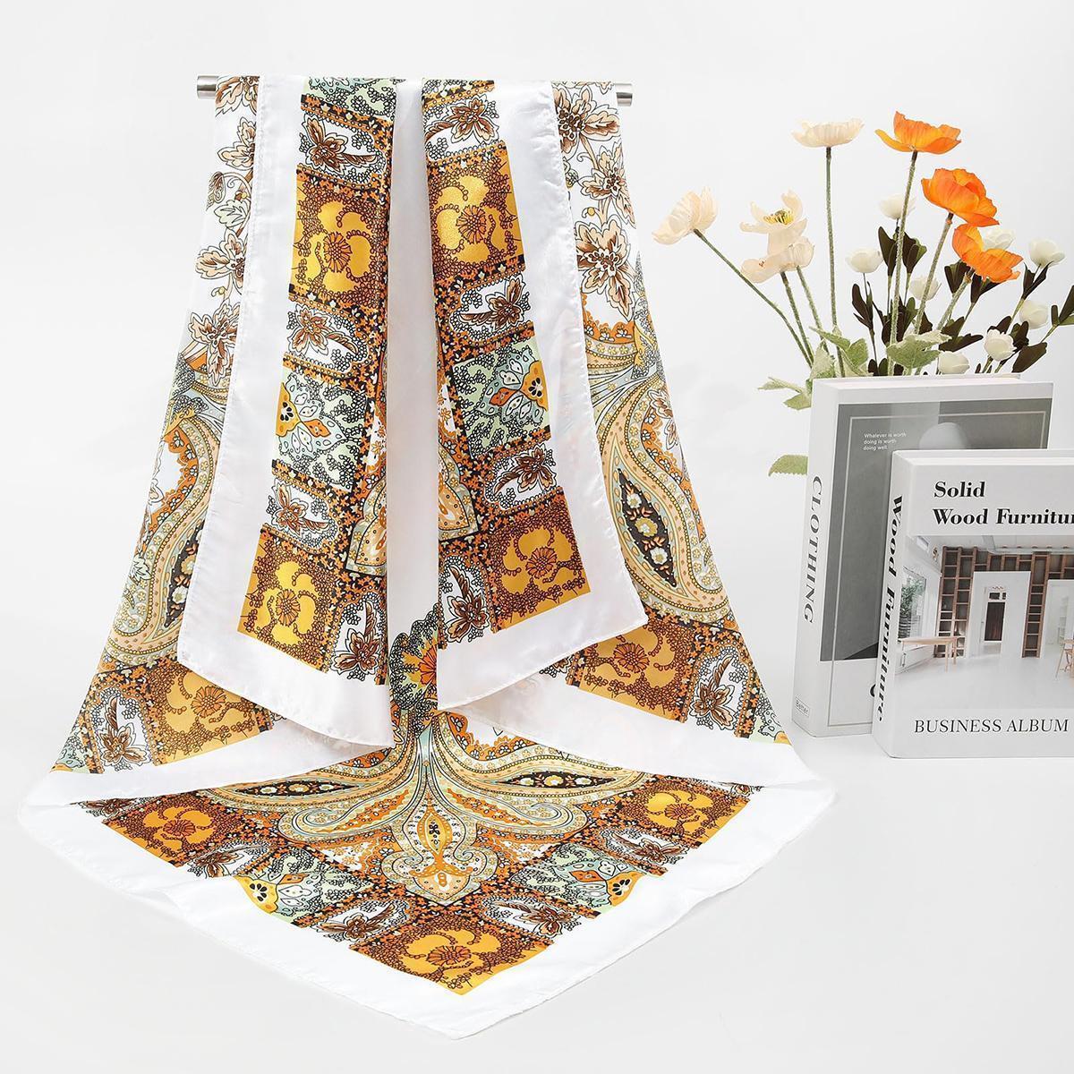 AWAYTR 4 Pack Shawl Scarf Set for Women, 35" Large Square Silk-Like Satin Head Wrap, Allover Print Fashion Neck Shawl Accessories for Women, Floral Print Scarf, Decorative Scarf