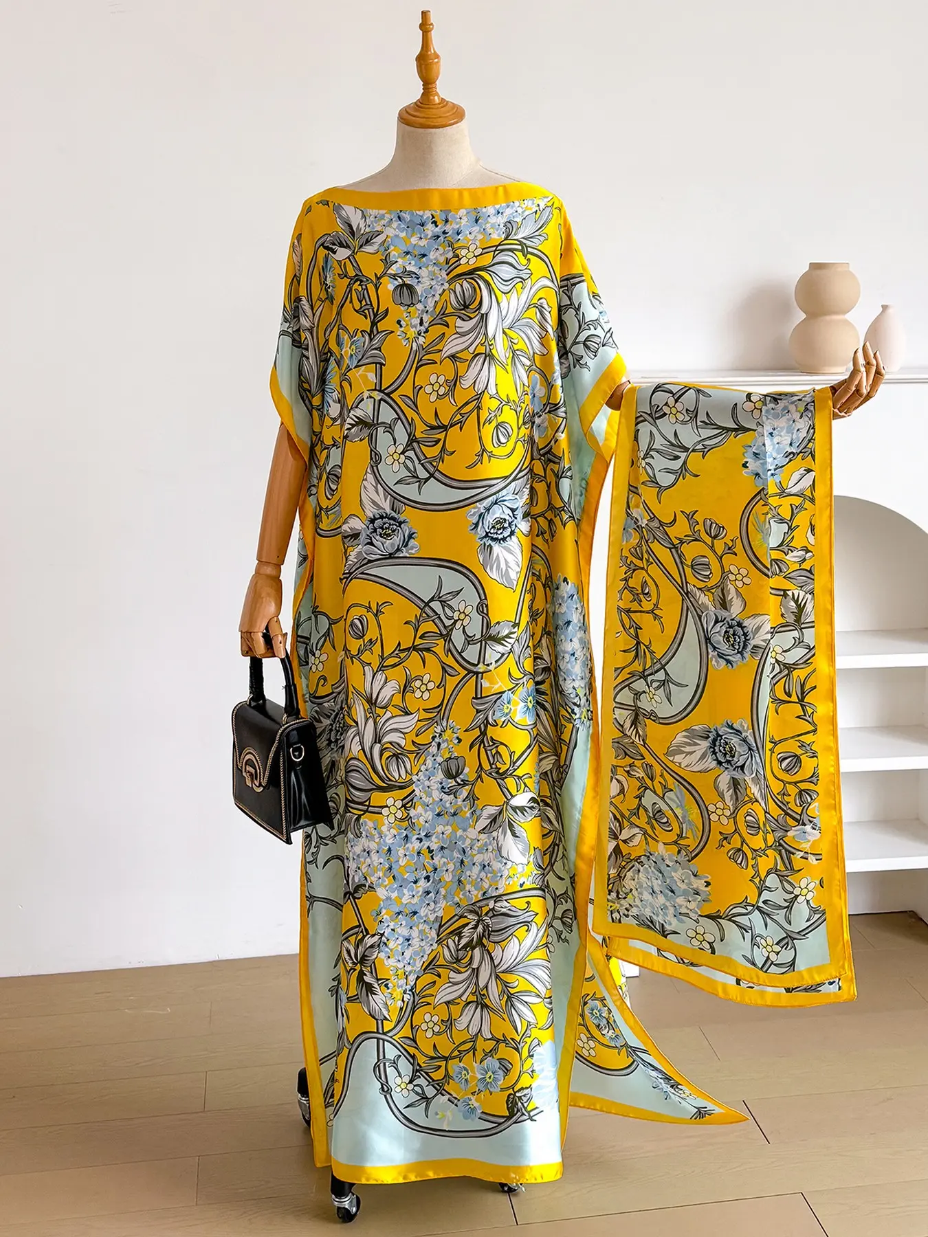 Women's Floral Print Lightweight Long Dress & Scarf Piece Set Outfit, Boho Casual Wear Shawl Dress & Scarf Set for Beach Vacation Holiday, Ladies Clothes for All Seasons