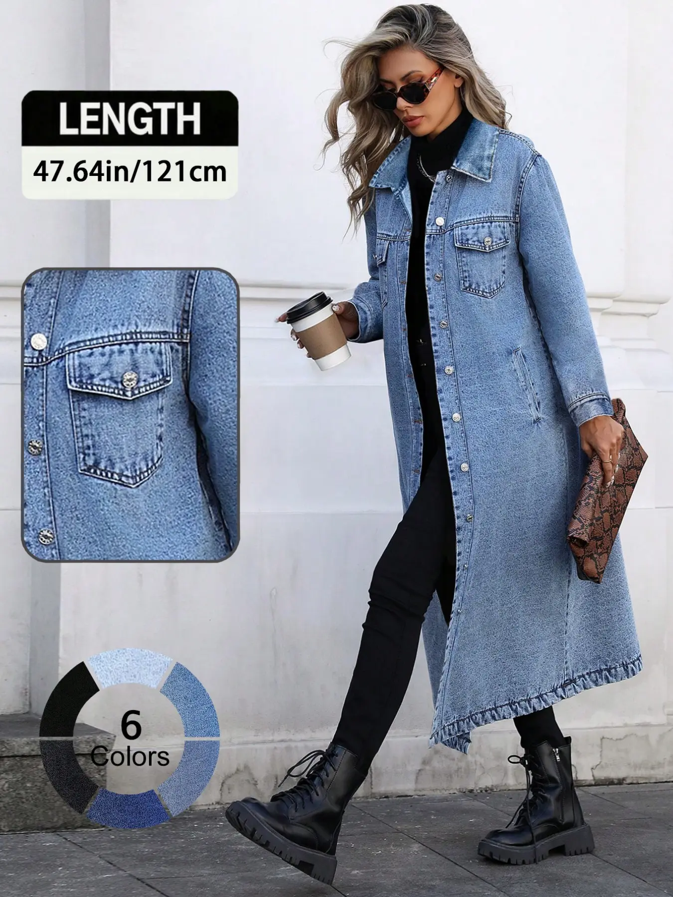 Women's Button Front Denim Coat, Elegant Casual Long Sleeve Denim Jacket for Spring & Fall, Women's Clothing for Daily Wear