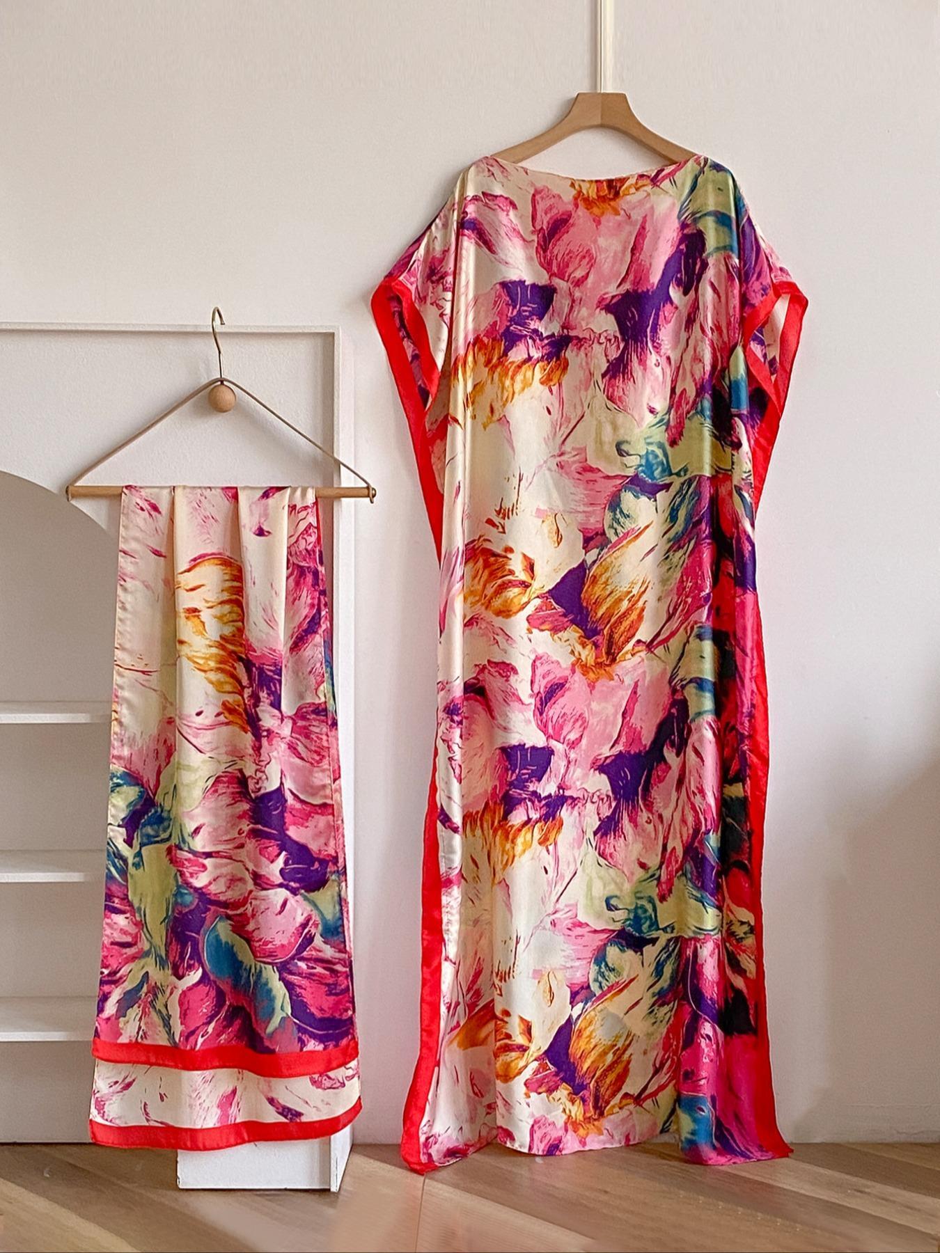 Women's Peacock Print Cape Shawl & Scarf Set, Elegant Beach Cover-Up For Holiday Vacation, Swimsuit Cover Up
