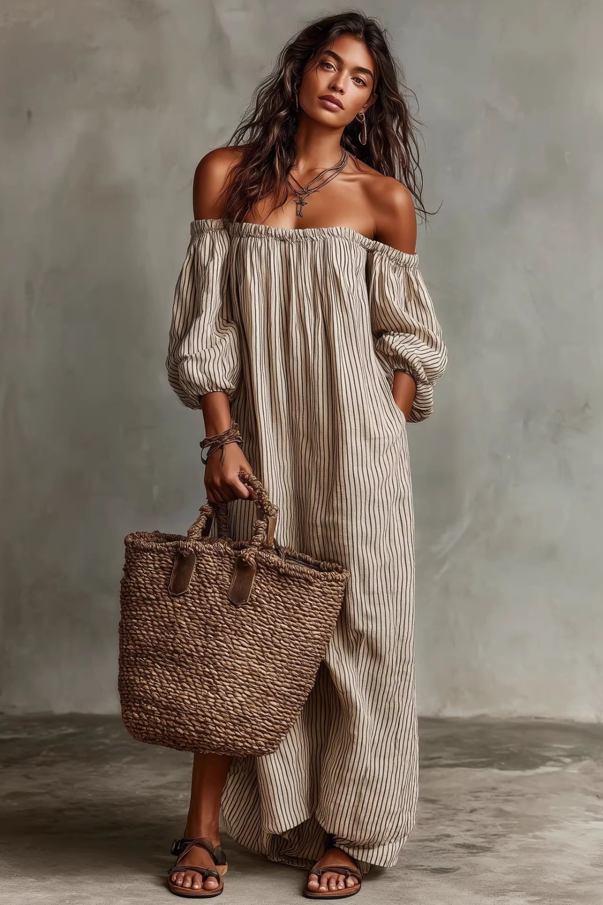 Women's Vacation Blend Off-shoulder Long-sleeved Maxi Dress