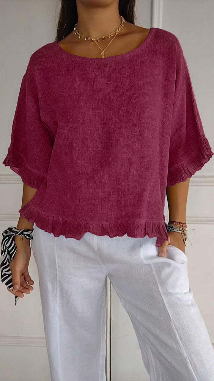 Round Neck Ruffled Hem Mid-sleeve Cotton and Linen Top