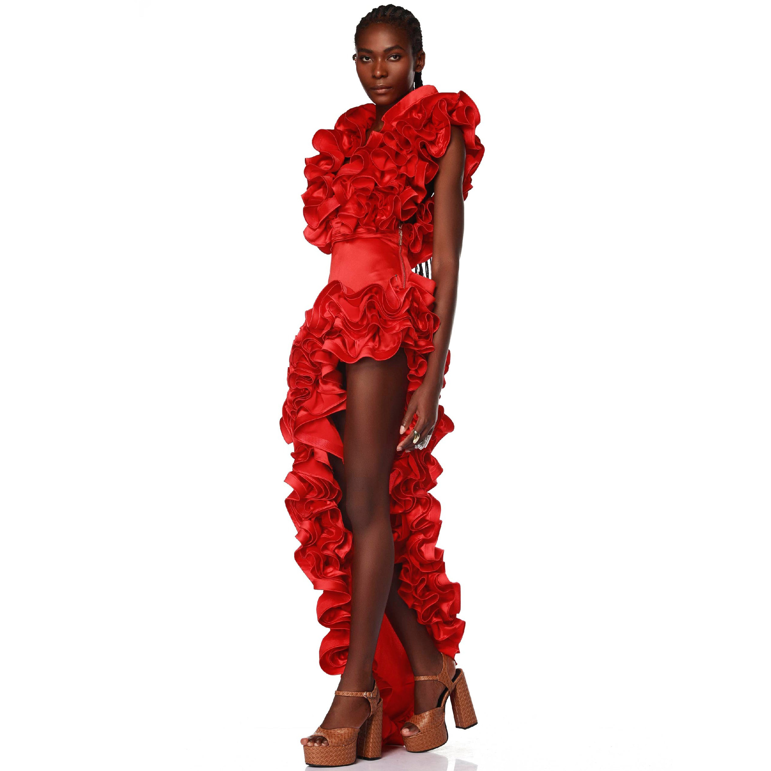 Red Flower Frilled V Neck One Piece Swimsuit and Skirt