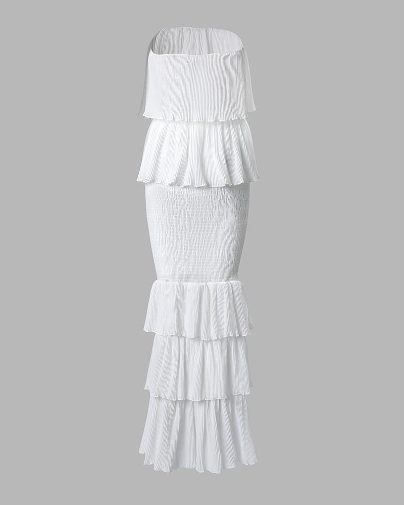 CHICME Women's Bandeau Shirred Ruffle Hem Wedding Guest Layered Sleeveless Dress/sundress Womenswear