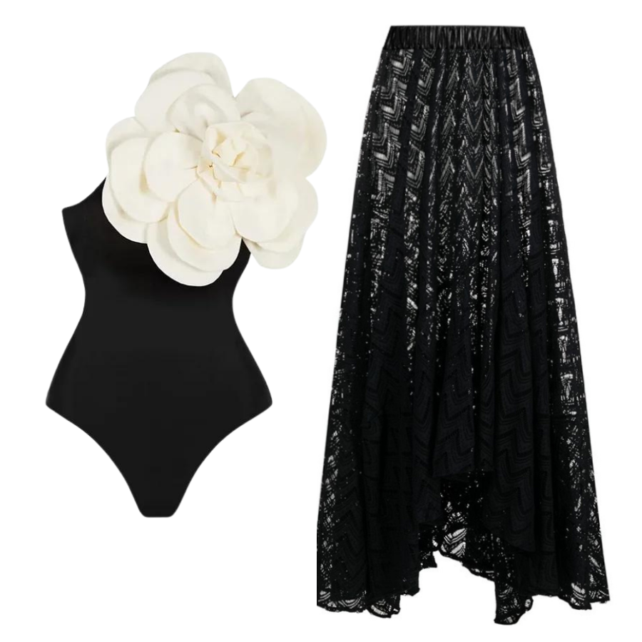 Exaggerated 3D Flower One Piece Swimsuit and Skirt