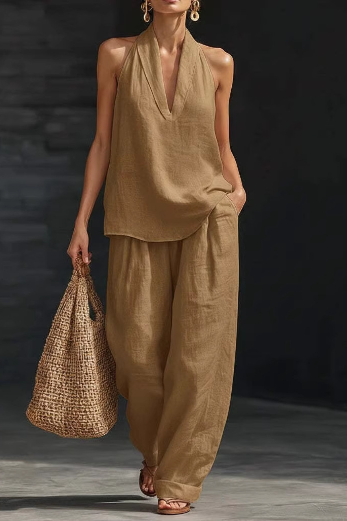 Halter-Neck V-Neck Sleeveless Casual Set