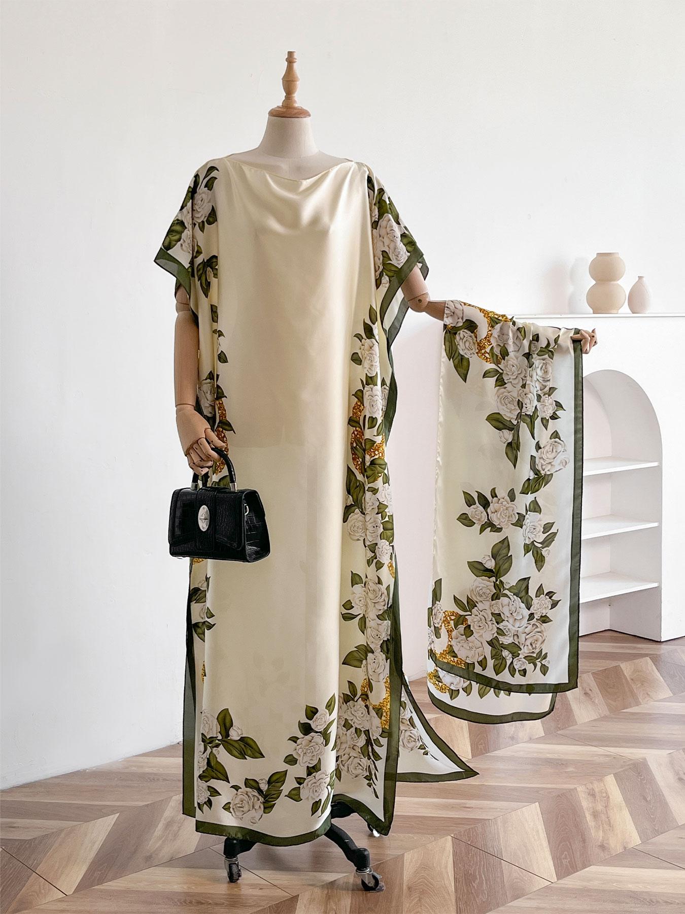 Women's Floral Print Lightweight Long Dress & Scarf Piece Set Outfit, Boho Casual Wear Shawl Dress & Scarf Set for Beach Vacation Holiday, Ladies Clothes for All Seasons
