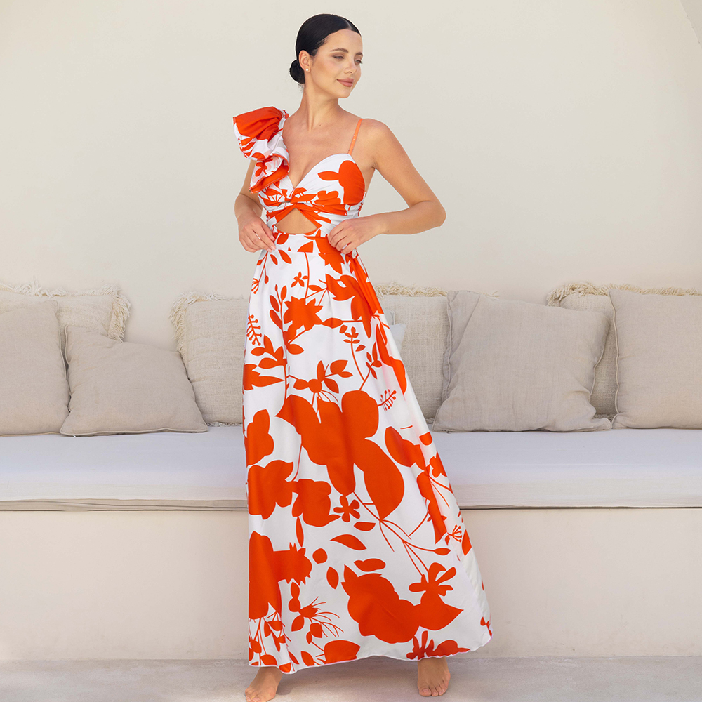 Plus Size One Shoulder Ruffle Printed One Piece Swimsuit and Skirt