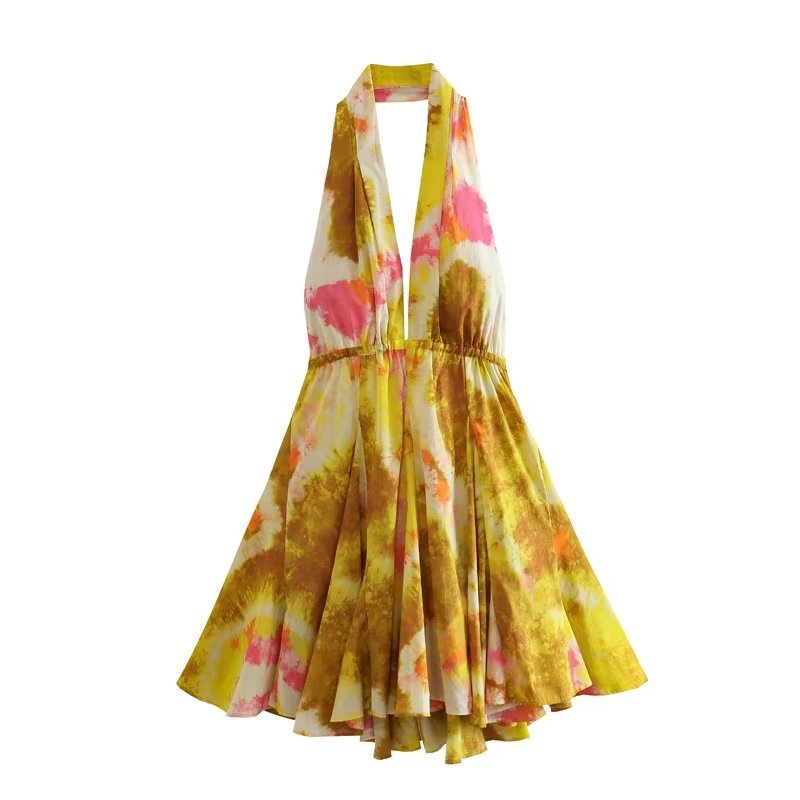 Halter Yellow Printed Mini Dress
