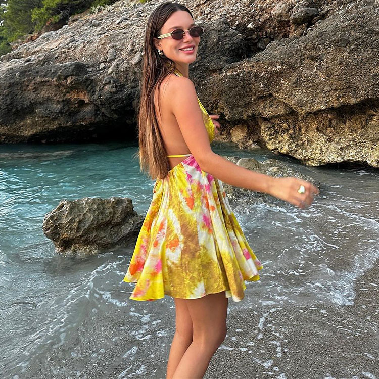 Halter Yellow Printed Mini Dress