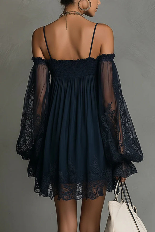 Fashionable Spaghetti Strap Lace Long-sleeved Loose Mini Dress