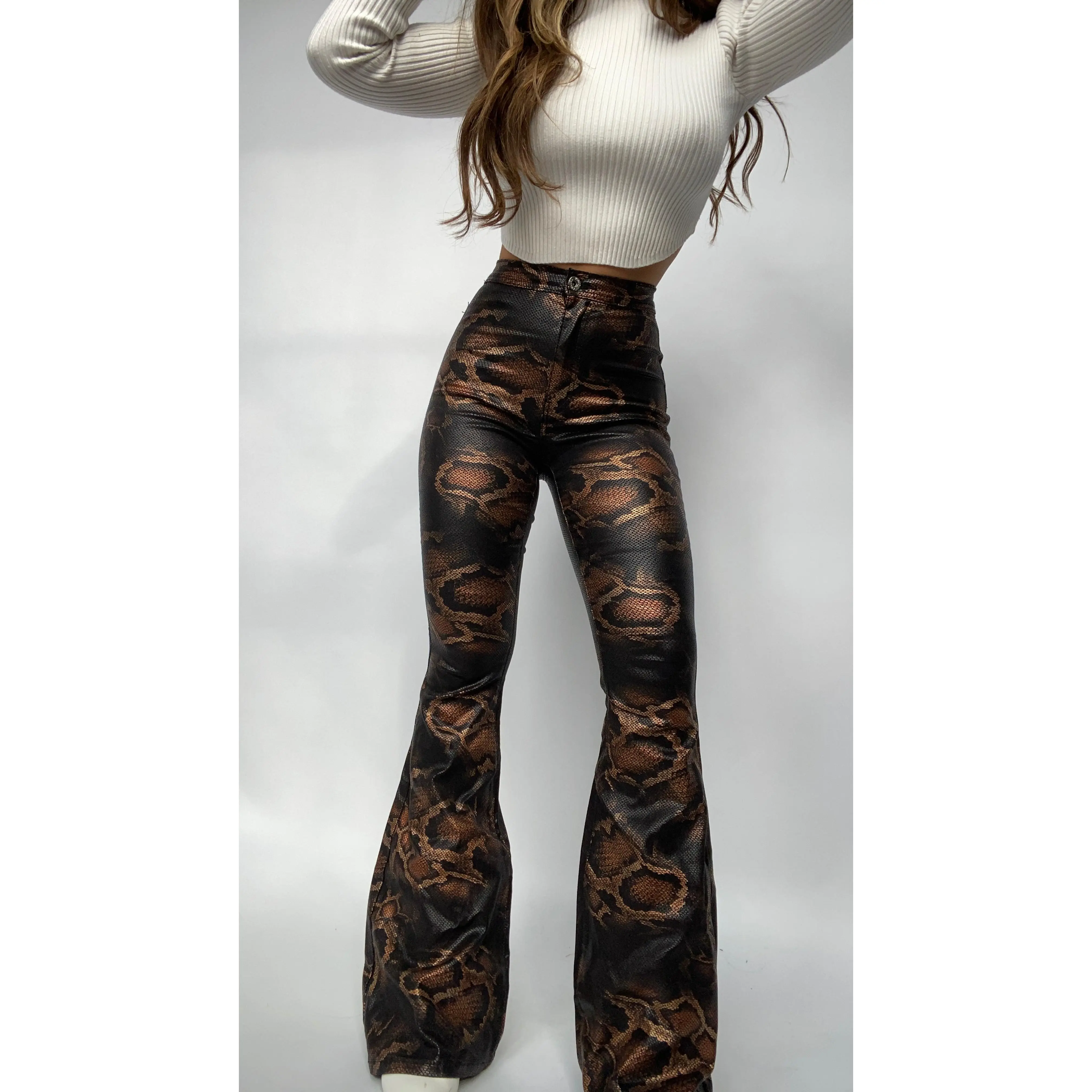 Women's High Waisted Bell Bottom Flare Denim Jeans - Comfortable Cotton Denim Trousers, Snakeprint, Ideal for Day Wear, Casual Fashion Denim