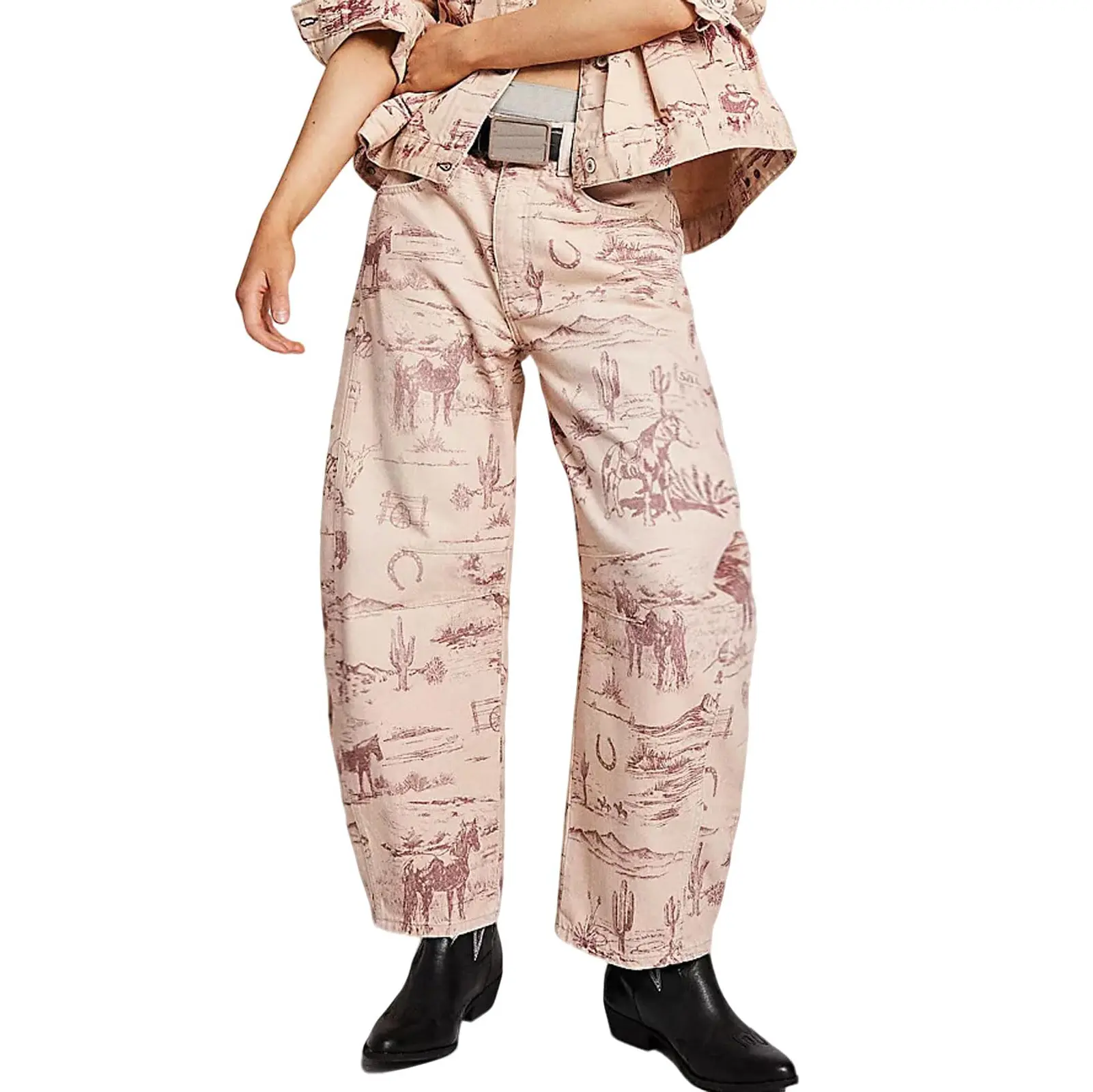 Women's Printed Wide-Leg Jeans Y2k Loose Mid-Rise Jeans in Soft Pink with Boho Floral Pattern Casual Denim Trousers
