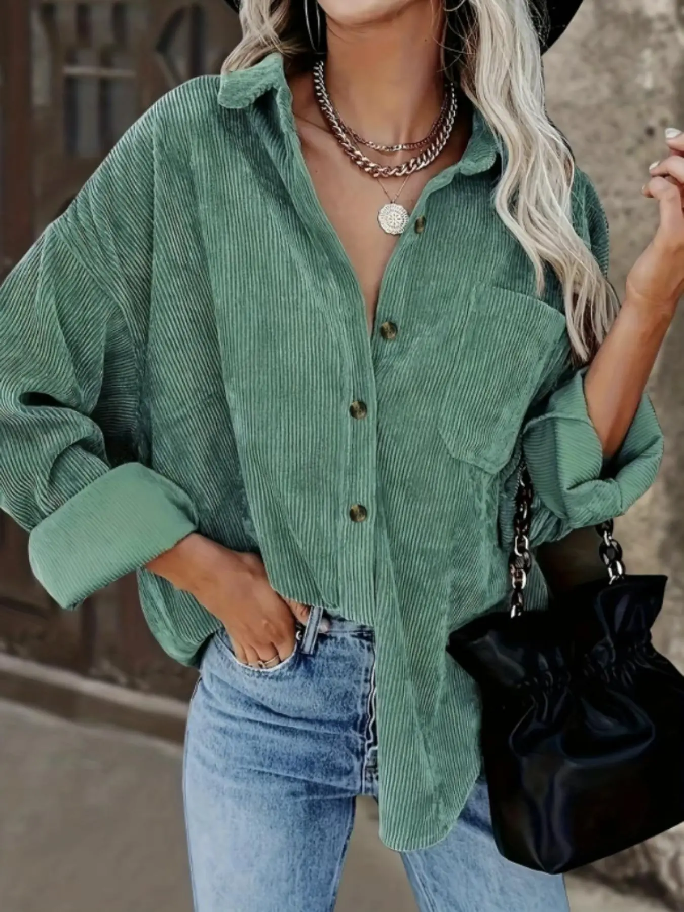 Women's Corduroy Shirt with Pocket - Drop Shoulder Style