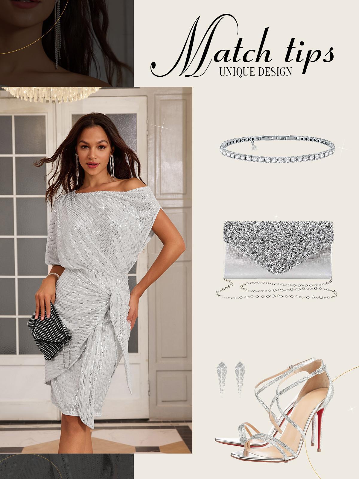 【Delicate Sequin Design】GRACE KARIN Cocktail Dresses for Evening Party One Shoulder Ruched Sequin Dresses