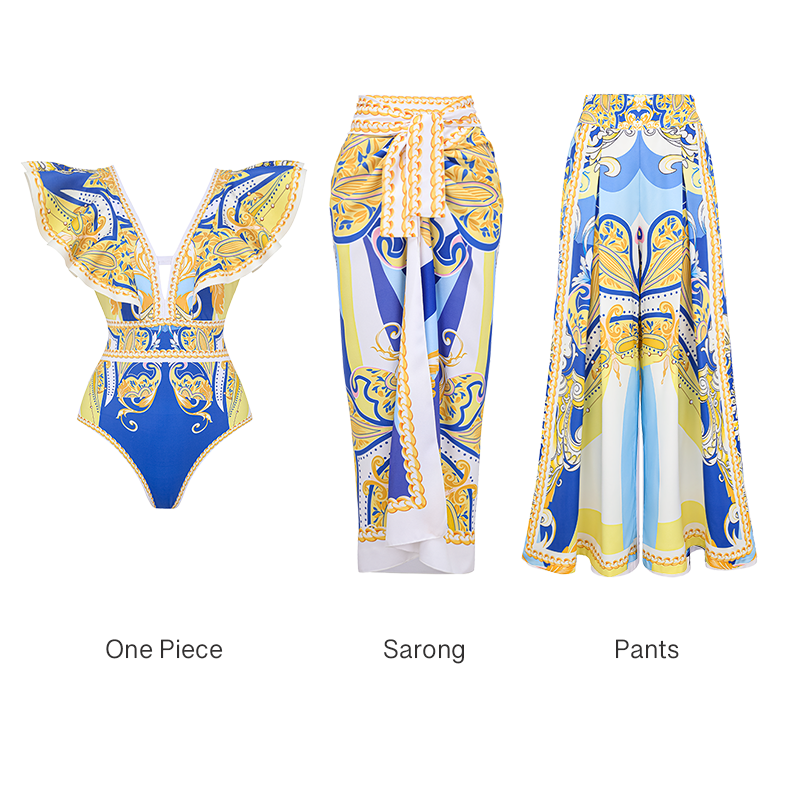 Ruffle V Neck Pattern Print One Piece Swimsuit and Sarong or Pants