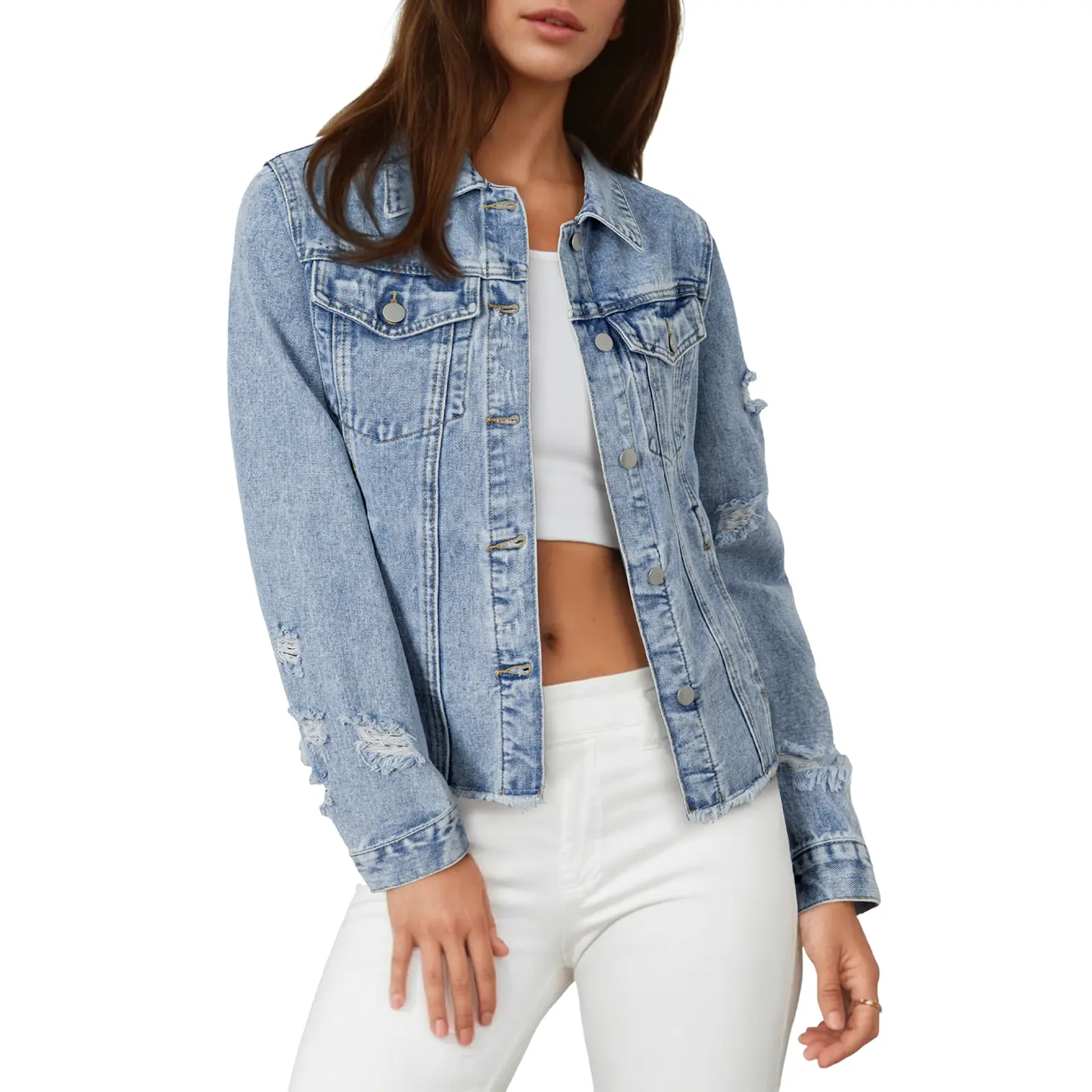 Women's Casual Short Jean Jackets Non Stretch Distressed Ripped  Lapel Long Sleeve Denim Jacket Outwear Tops