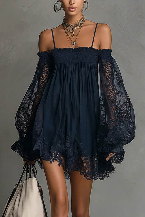 Fashionable Spaghetti Strap Lace Long-sleeved Loose Mini Dress