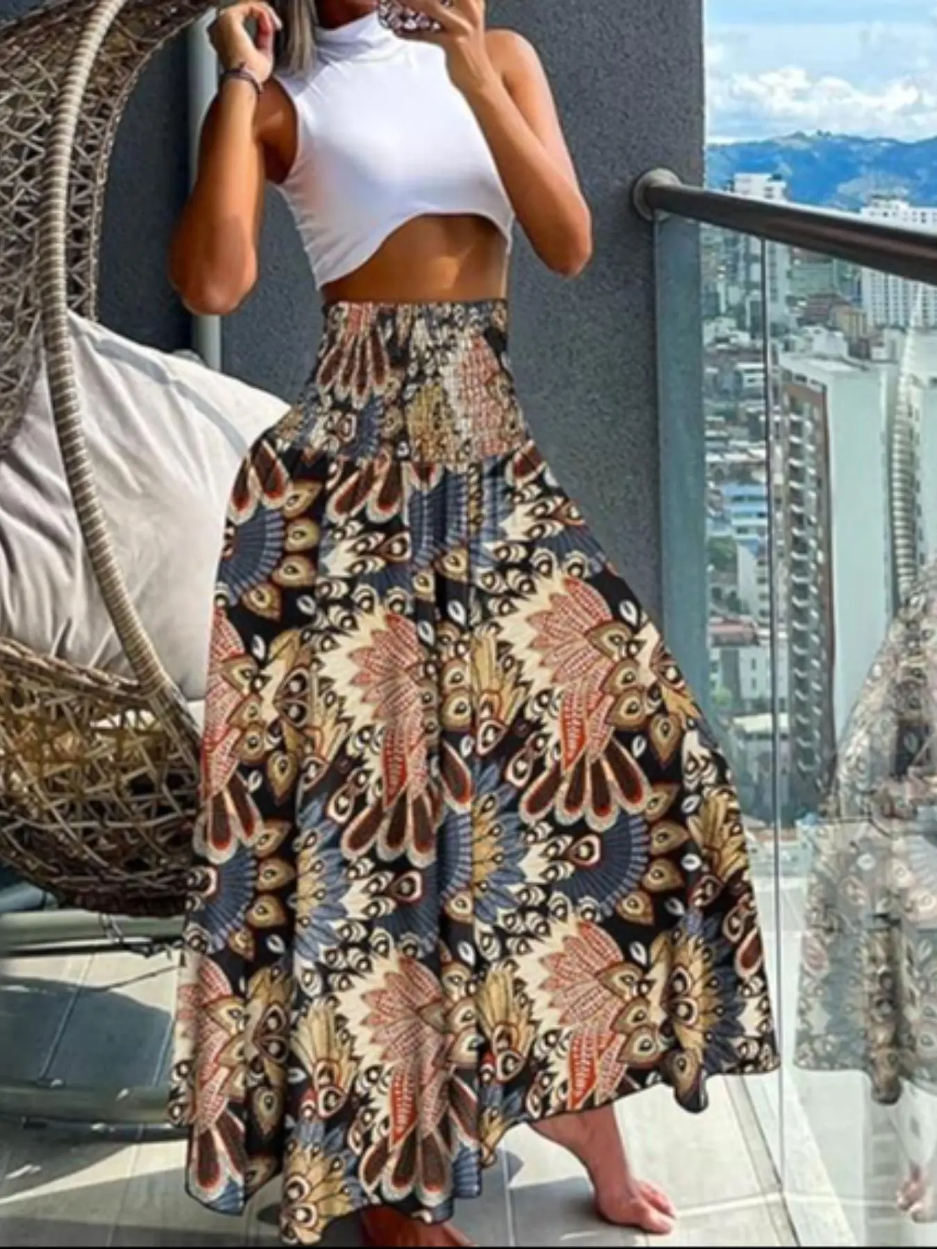 Women's Ethnic Pattern High Waist Wide Leg Pants