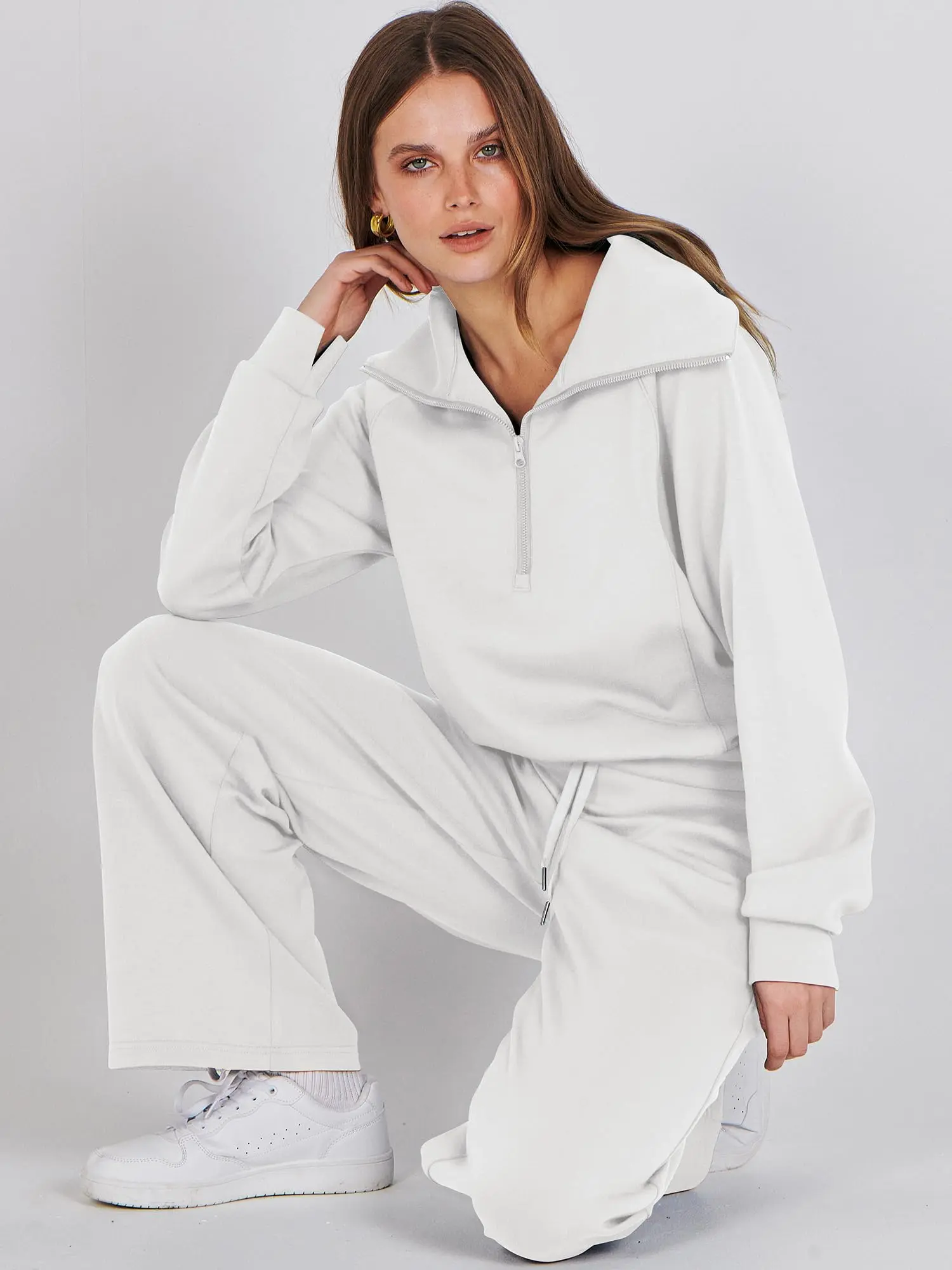 Women 2 Piece Outfits Sweatsuit Set 2026 Fall Oversized Half Zip Sweatshirt Wide Leg Sweatpant Lounge Set Tracksuit