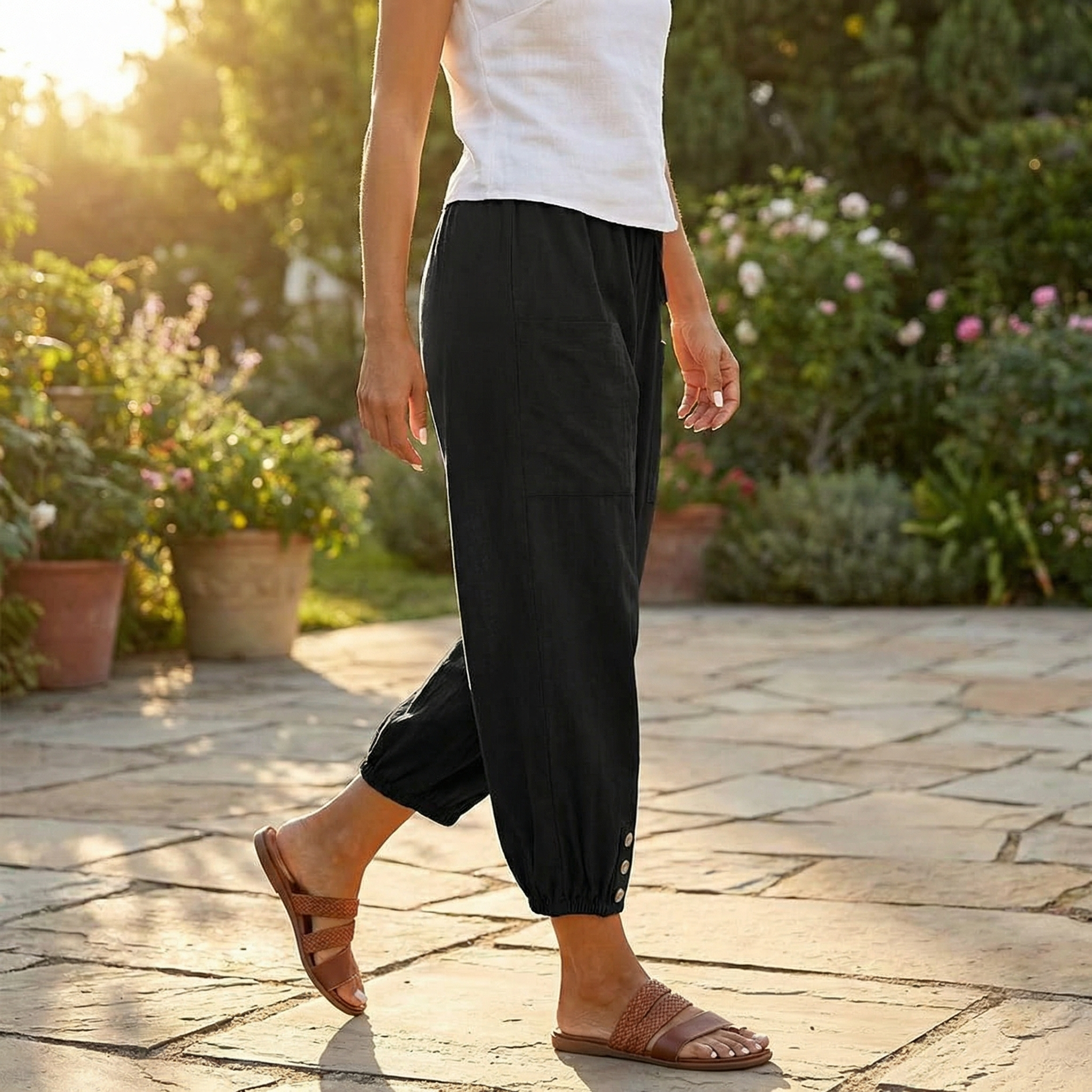 Lightweight Summer Capris with Button Hem