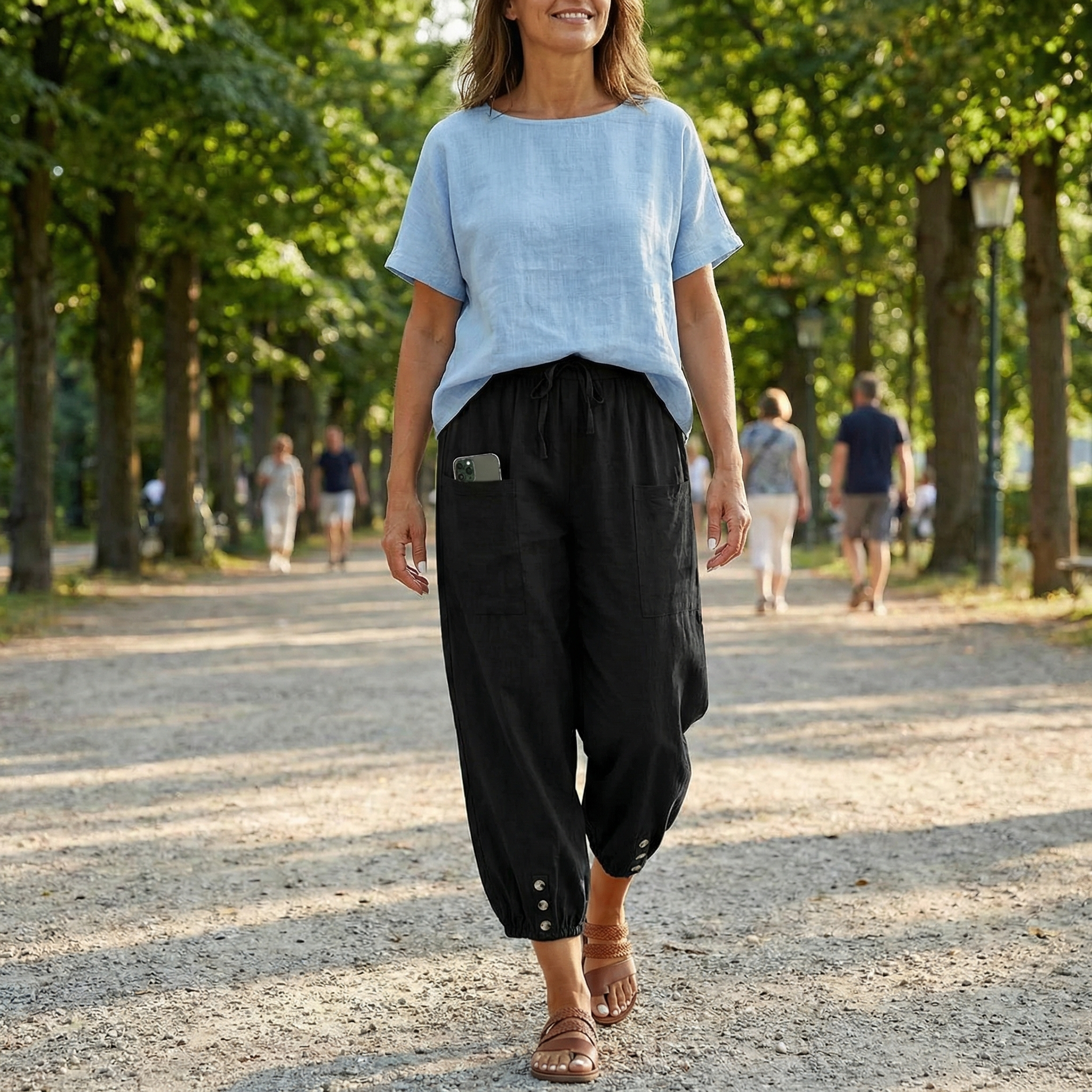 Lightweight Summer Capris with Button Hem