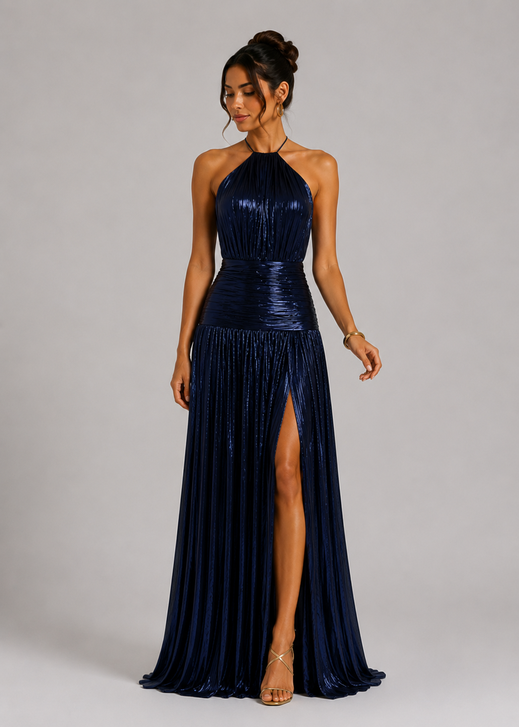 Elegant Satin Pleated Long Dress with Halter Neck for Women