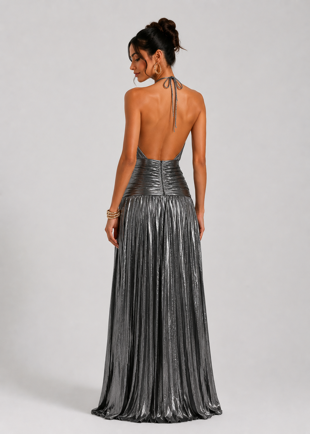 Elegant Satin Pleated Long Dress with Halter Neck for Women