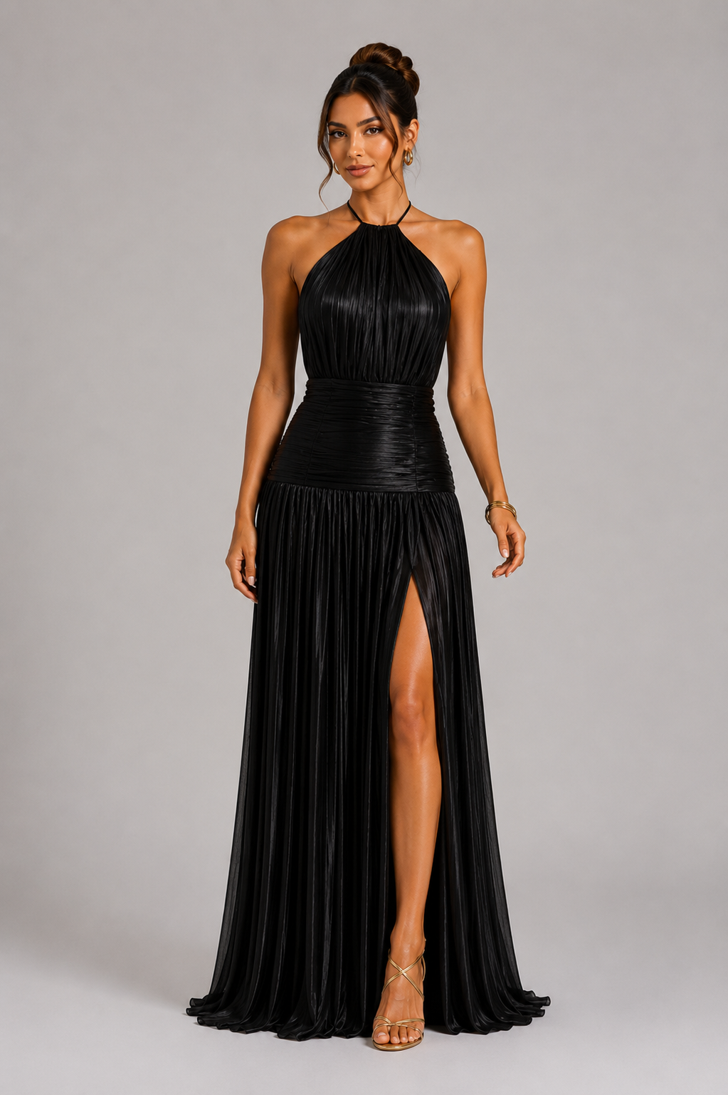 Elegant Satin Pleated Long Dress with Halter Neck for Women