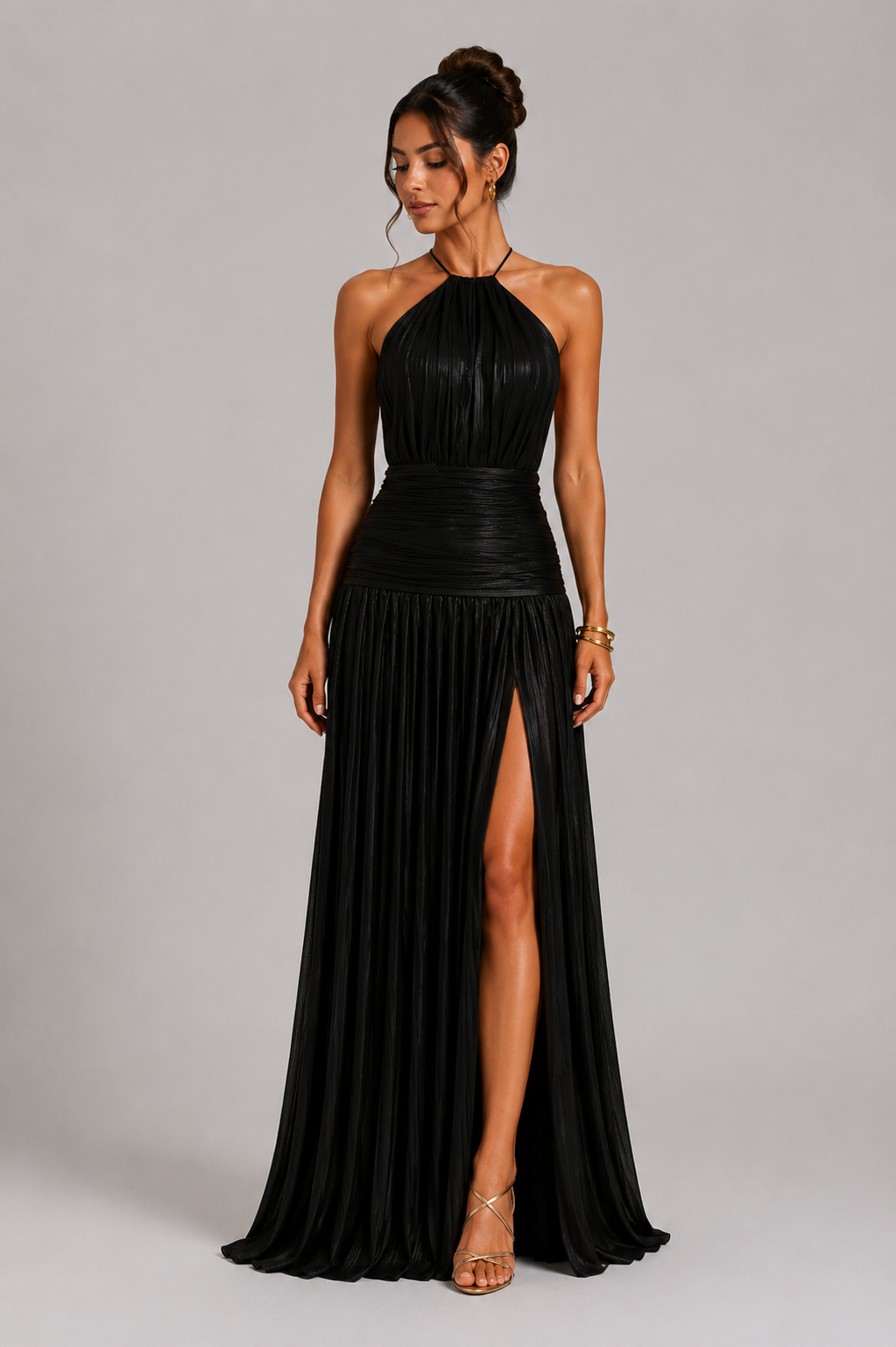 Elegant Satin Pleated Long Dress with Halter Neck for Women