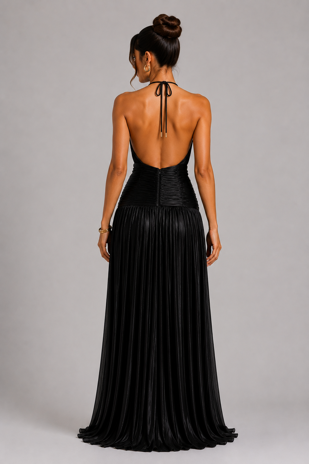 Elegant Satin Pleated Long Dress with Halter Neck for Women