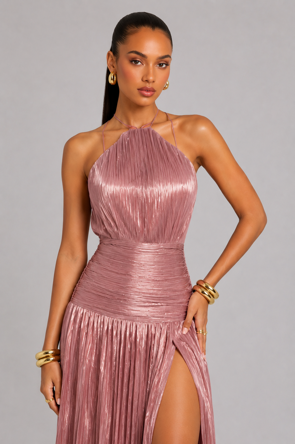 Elegant Satin Pleated Long Dress with Halter Neck for Women