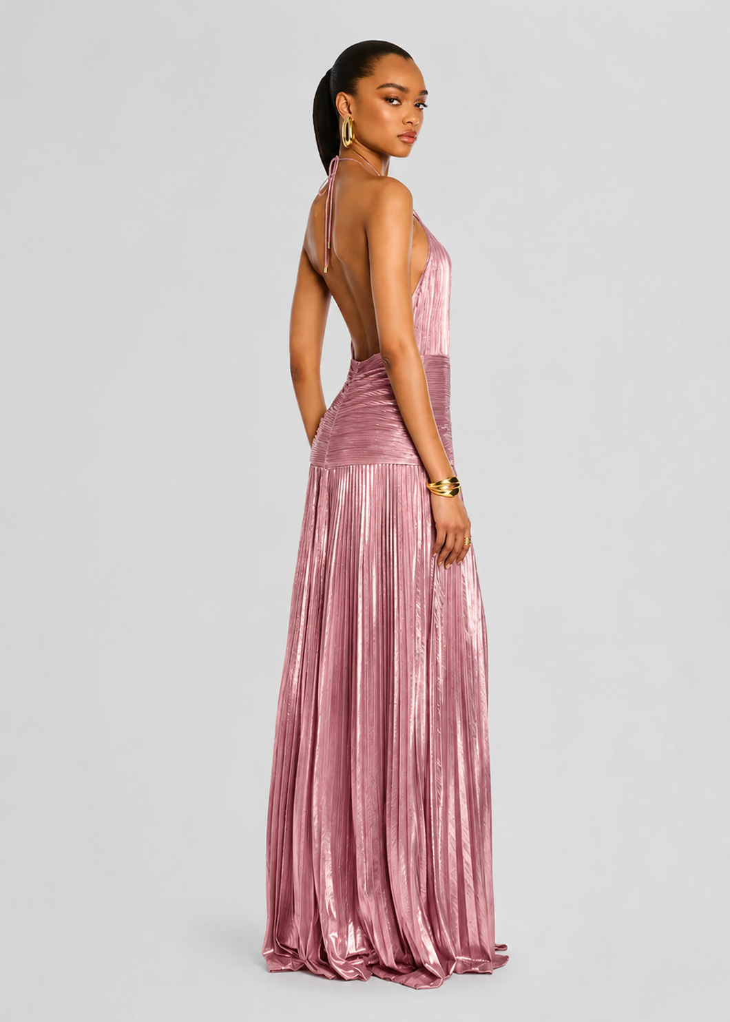 Elegant Satin Pleated Long Dress with Halter Neck for Women