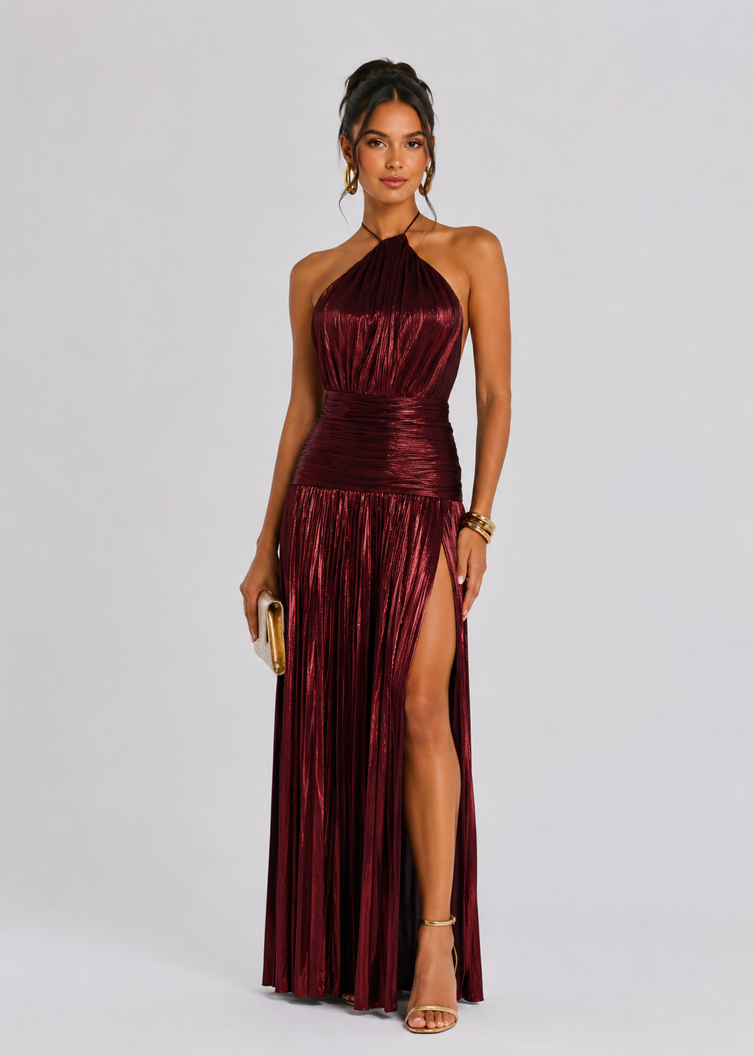 Elegant Satin Pleated Long Dress with Halter Neck for Women