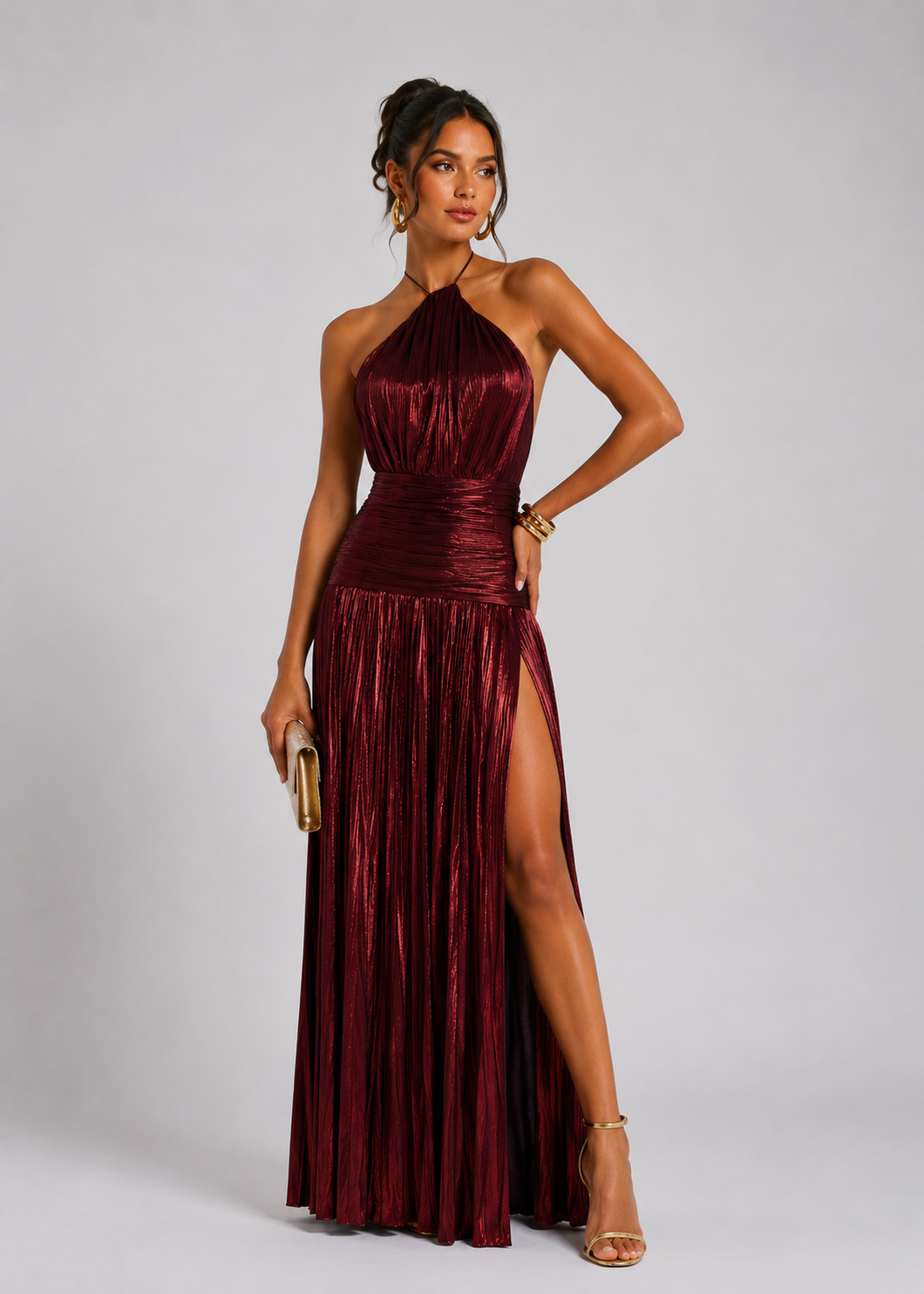 Elegant Satin Pleated Long Dress with Halter Neck for Women
