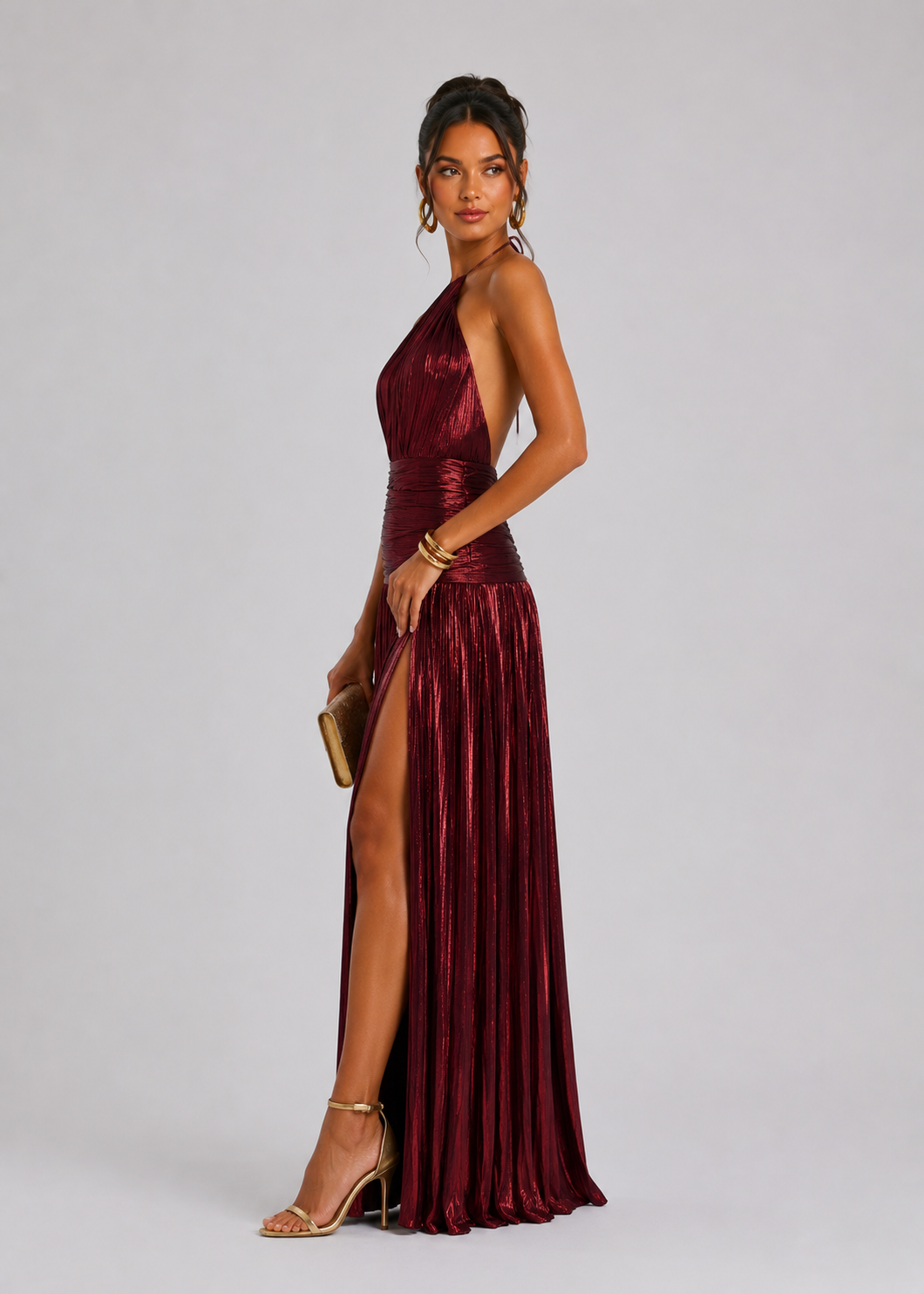 Elegant Satin Pleated Long Dress with Halter Neck for Women
